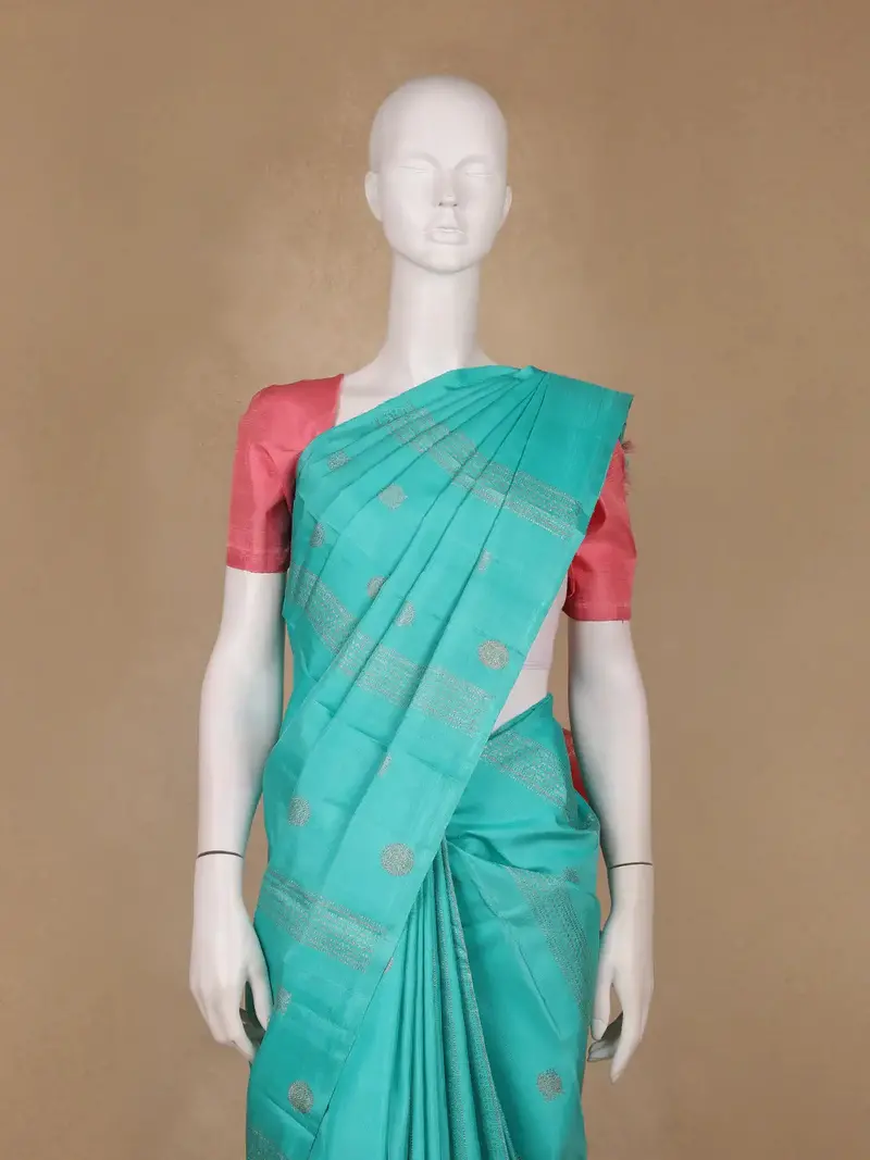 Turquoise Blue Striped Woven Pure Kanchipuram Silk Saree 2