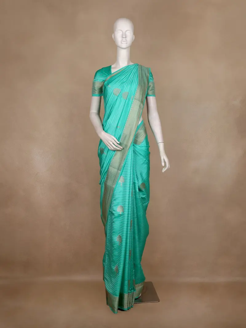 Turquoise Blue Striped Zari Butta Woven Design Semi Banarasi Saree With Contrast Border 1