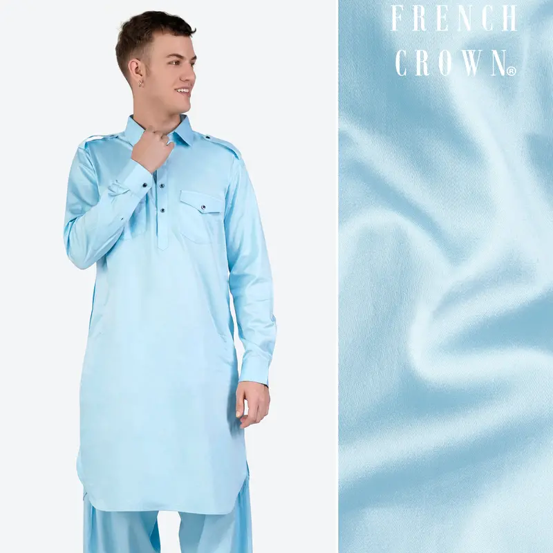 Turquoise Blue Subtle Sheen Super Soft Premium Cotton Pathani Kurta 1