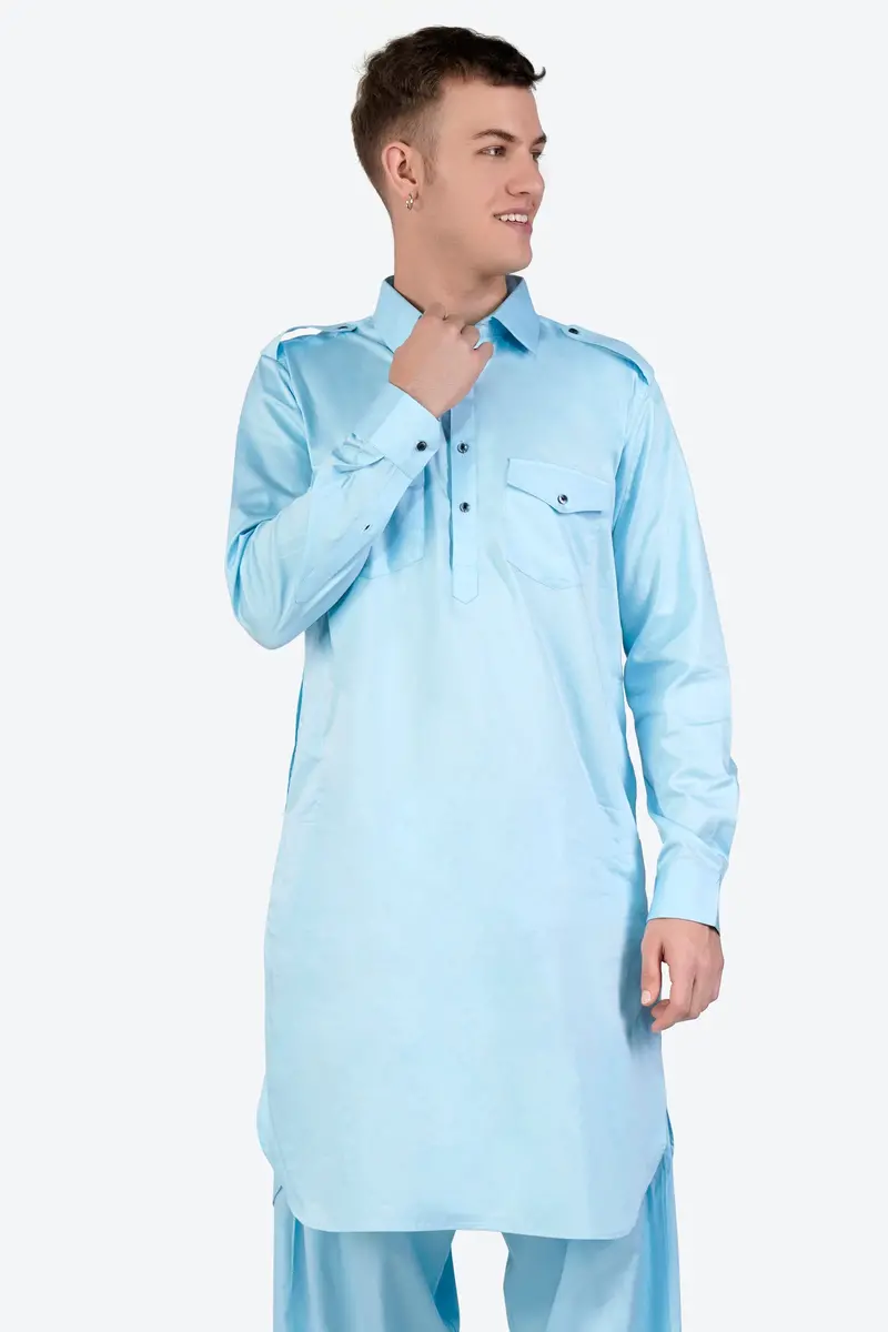 Turquoise Blue Subtle Sheen Super Soft Premium Cotton Pathani Kurta 2