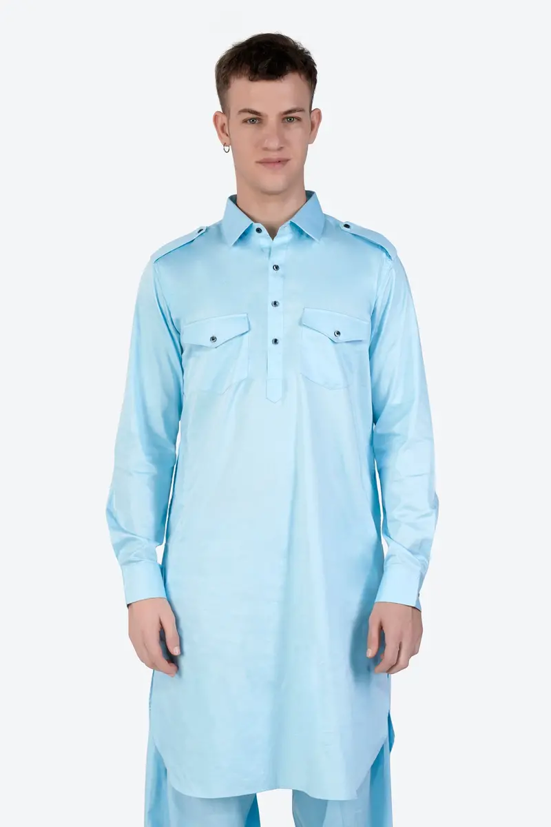 Turquoise Blue Subtle Sheen Super Soft Premium Cotton Pathani Kurta 4