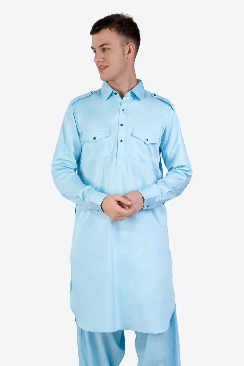 Turquoise Blue Subtle Sheen Super Soft Premium Cotton Pathani Kurta 5