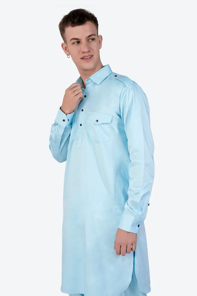 Turquoise Blue Subtle Sheen Super Soft Premium Cotton Pathani Kurta 6