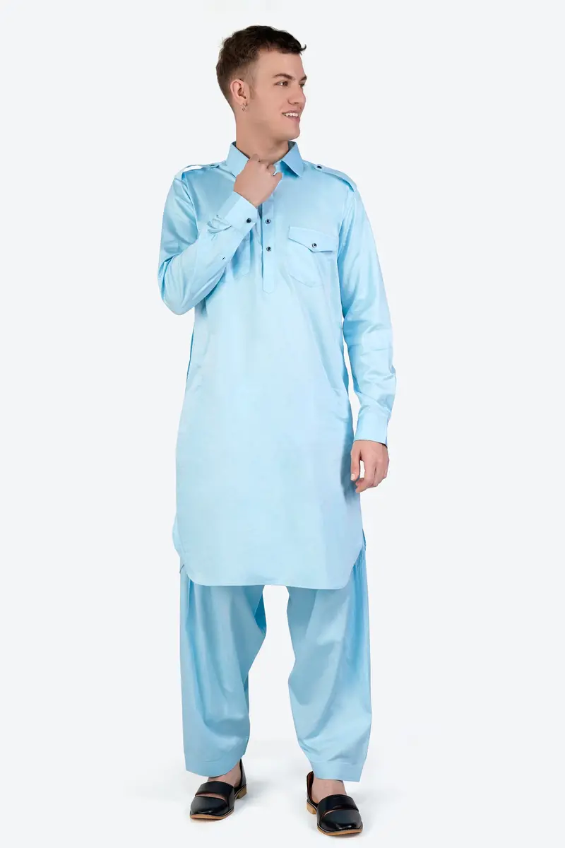 Turquoise Blue Subtle Sheen Super Soft Premium Cotton Pathani Kurta 8