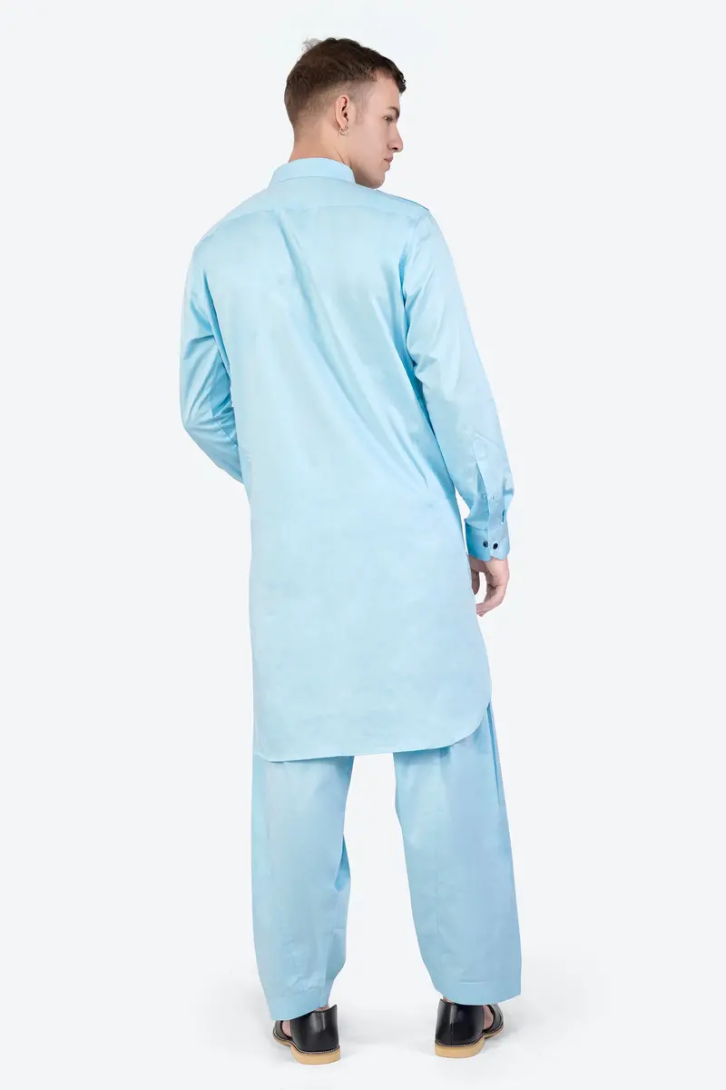 Turquoise Blue Subtle Sheen Super Soft Premium Cotton Pathani Kurta 9