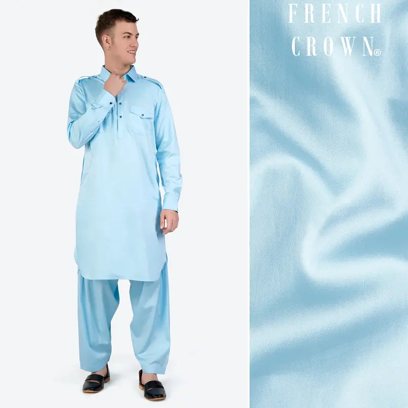 Turquoise Blue Subtle Sheen Super Soft Premium Cotton Pathani Set 1