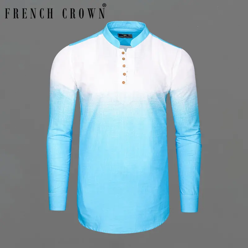 Turquoise Blue With Bright White Luxurious Linen Kurta Shirt 1