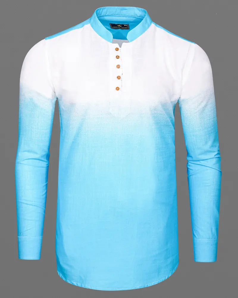 Turquoise Blue With Bright White Luxurious Linen Kurta Shirt 2