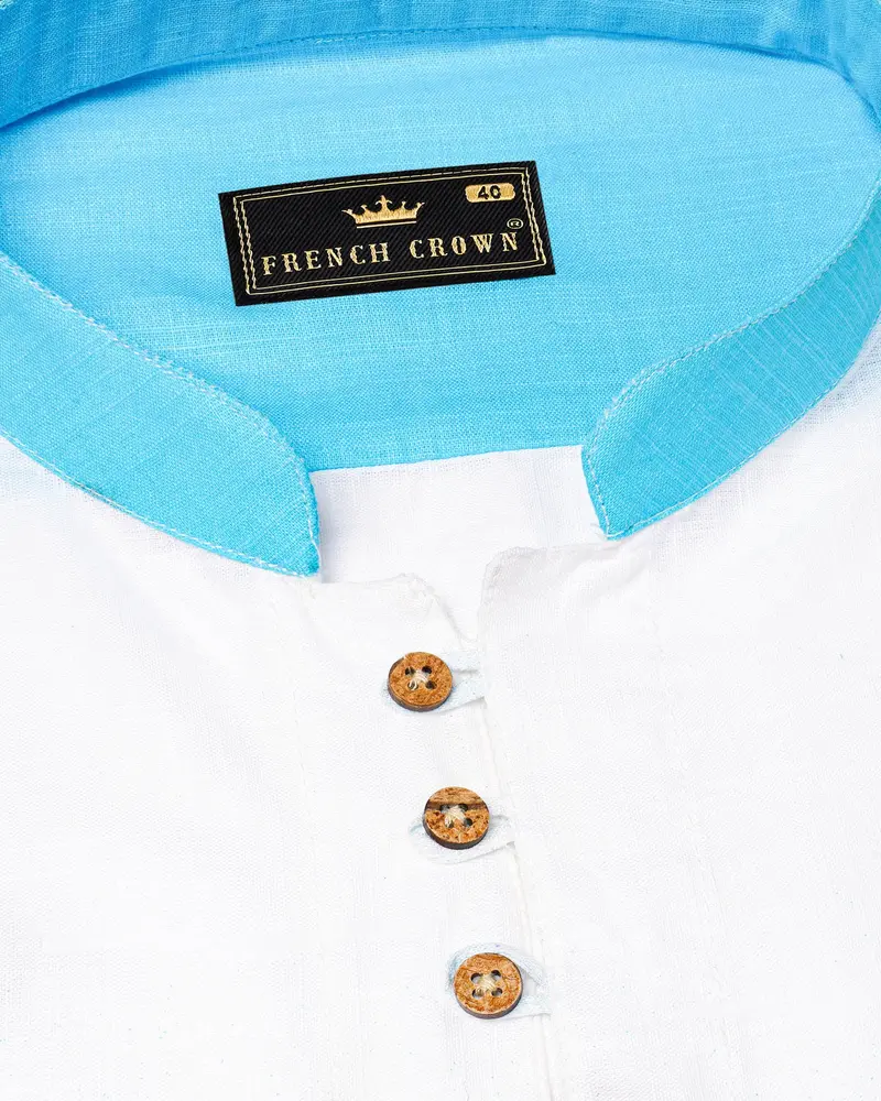 Turquoise Blue With Bright White Luxurious Linen Kurta Shirt 4