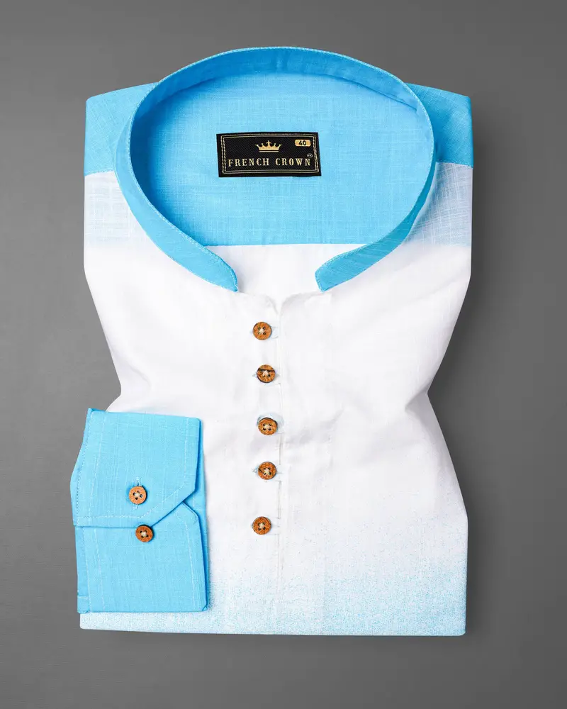 Turquoise Blue With Bright White Luxurious Linen Kurta Shirt 5
