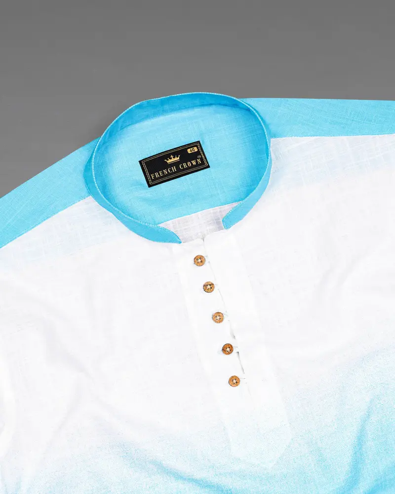 Turquoise Blue With Bright White Luxurious Linen Kurta Shirt 6