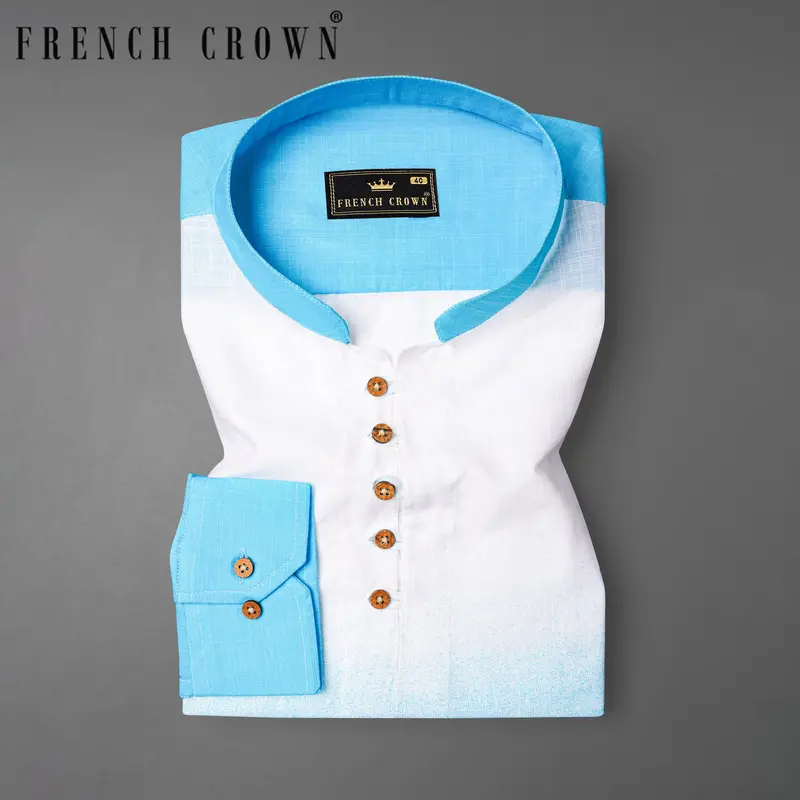 Turquoise Blue With Bright White Luxurious Linen Kurta Shirt 8