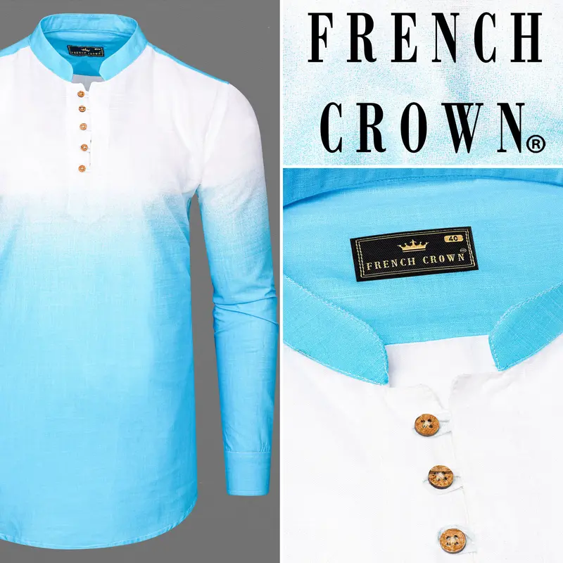 Turquoise Blue With Bright White Luxurious Linen Kurta Shirt 9