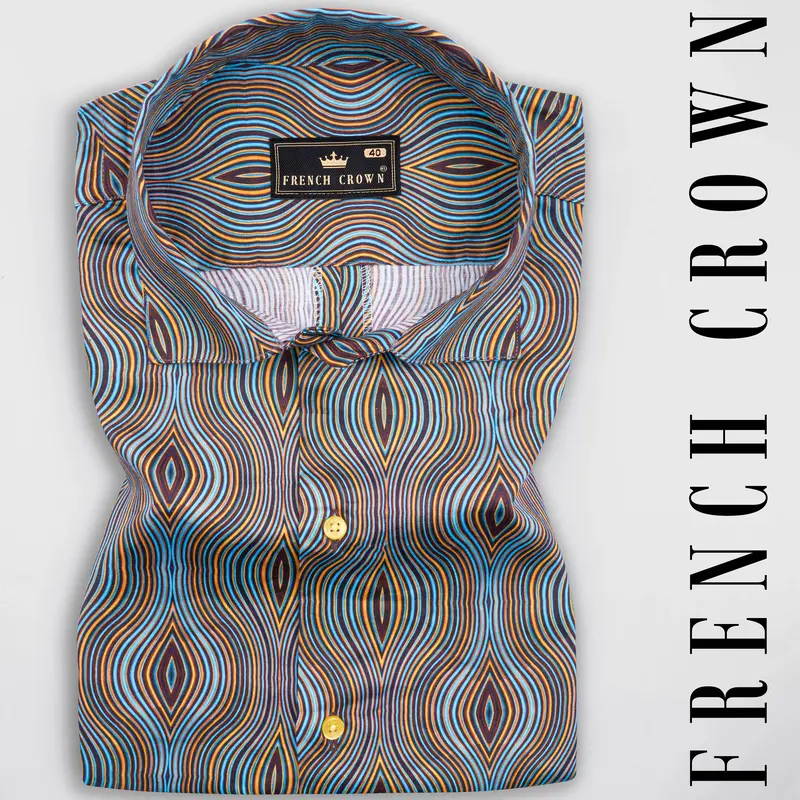 Turquoise Blue With Gorse Yellow And Cab Sav Maroon Waves Printed Super Soft Premium Cotton Shirt 1