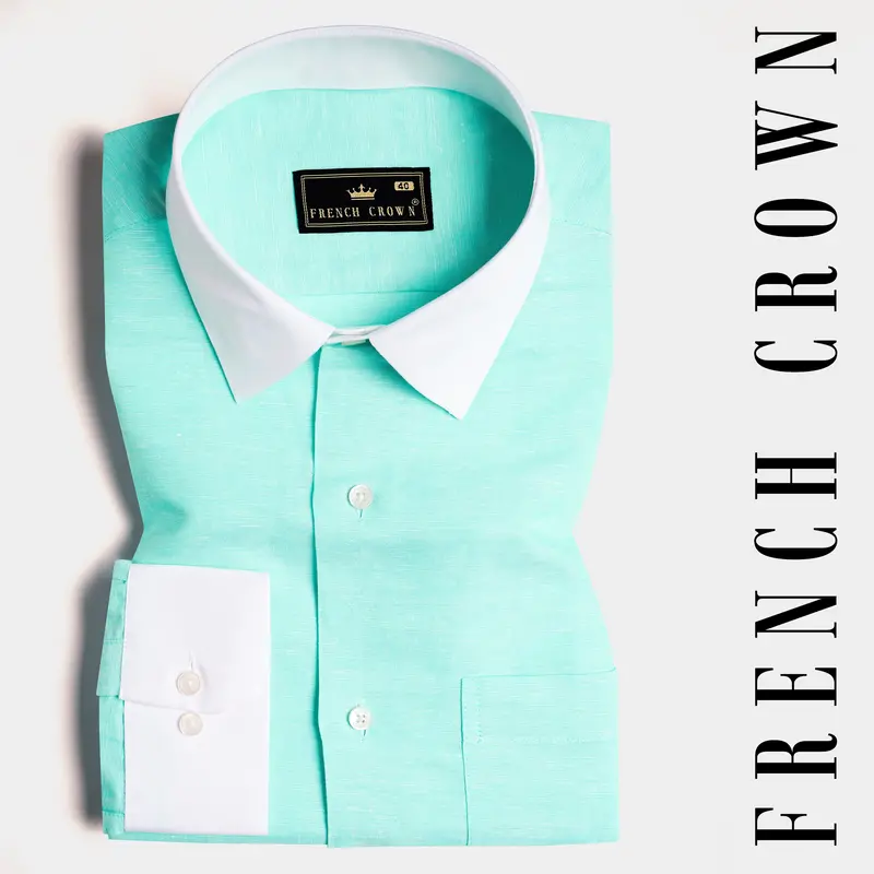 Turquoise Blue With White Cuffs And Collar Luxurious Linen Shirt 1
