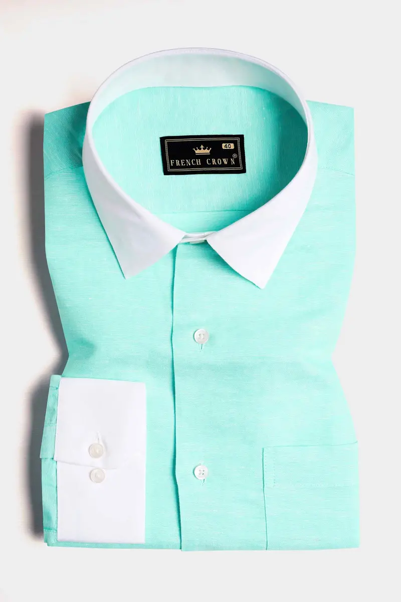 Turquoise Blue With White Cuffs And Collar Luxurious Linen Shirt 2