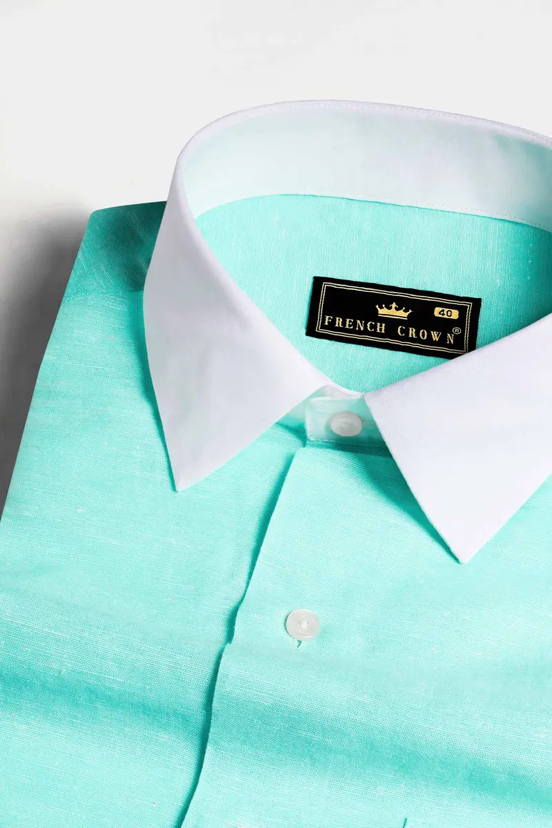 Turquoise Blue With White Cuffs And Collar Luxurious Linen Shirt 4
