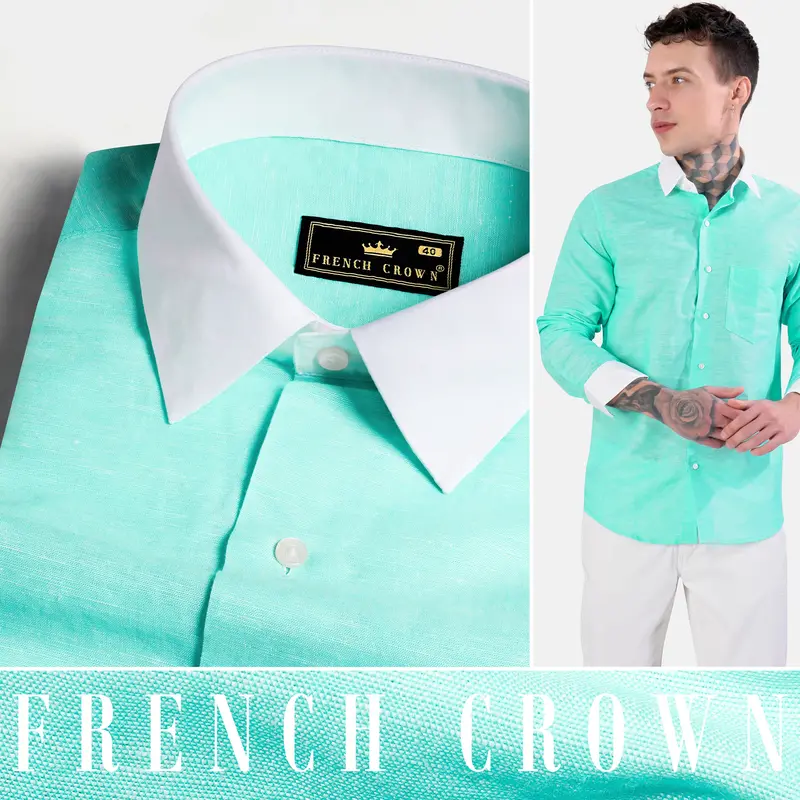 Turquoise Blue With White Cuffs And Collar Luxurious Linen Shirt 5
