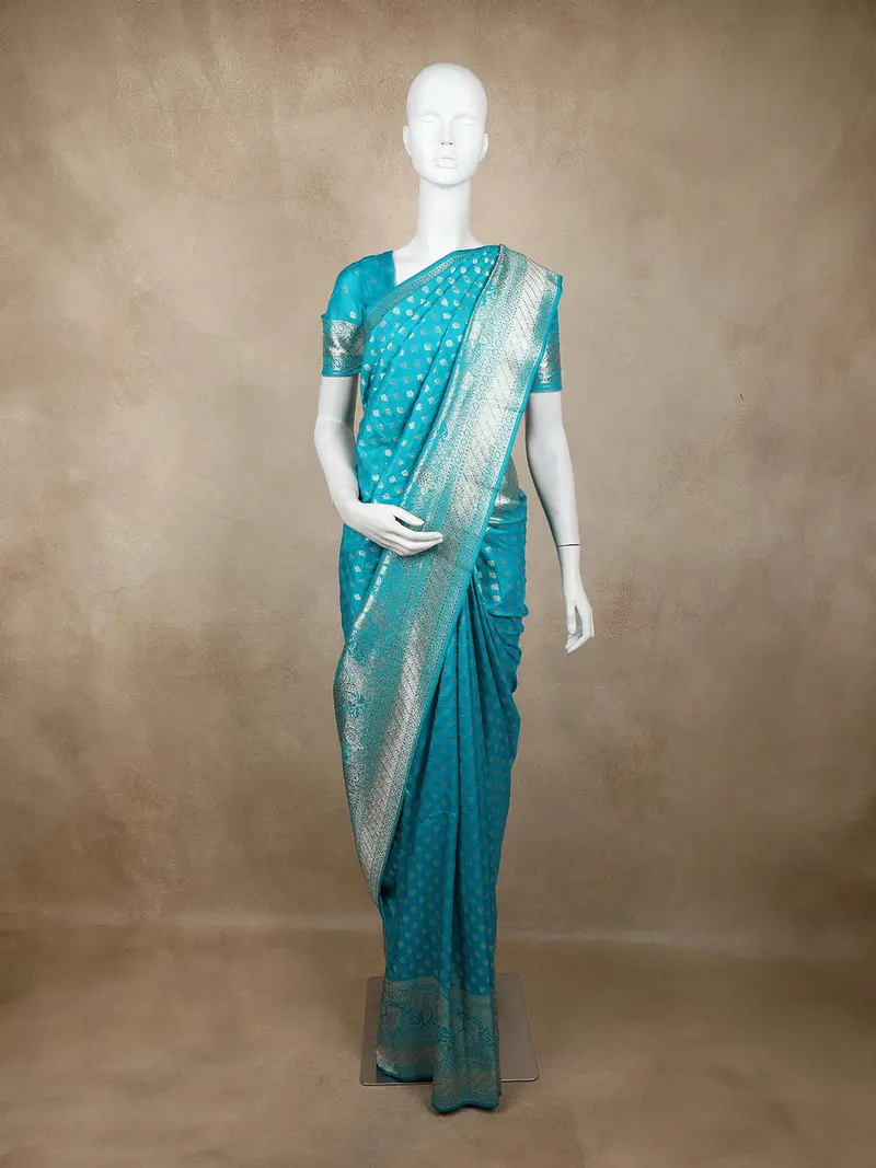 Turquoise Blue Zari Butta Design Banarasi Silk Saree With Silver Zari Woven Border 1