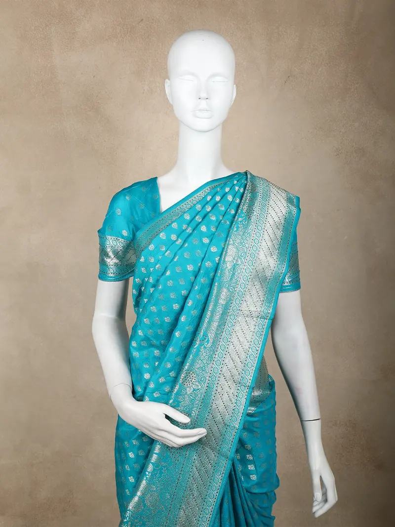 Turquoise Blue Zari Butta Design Banarasi Silk Saree With Silver Zari Woven Border 2