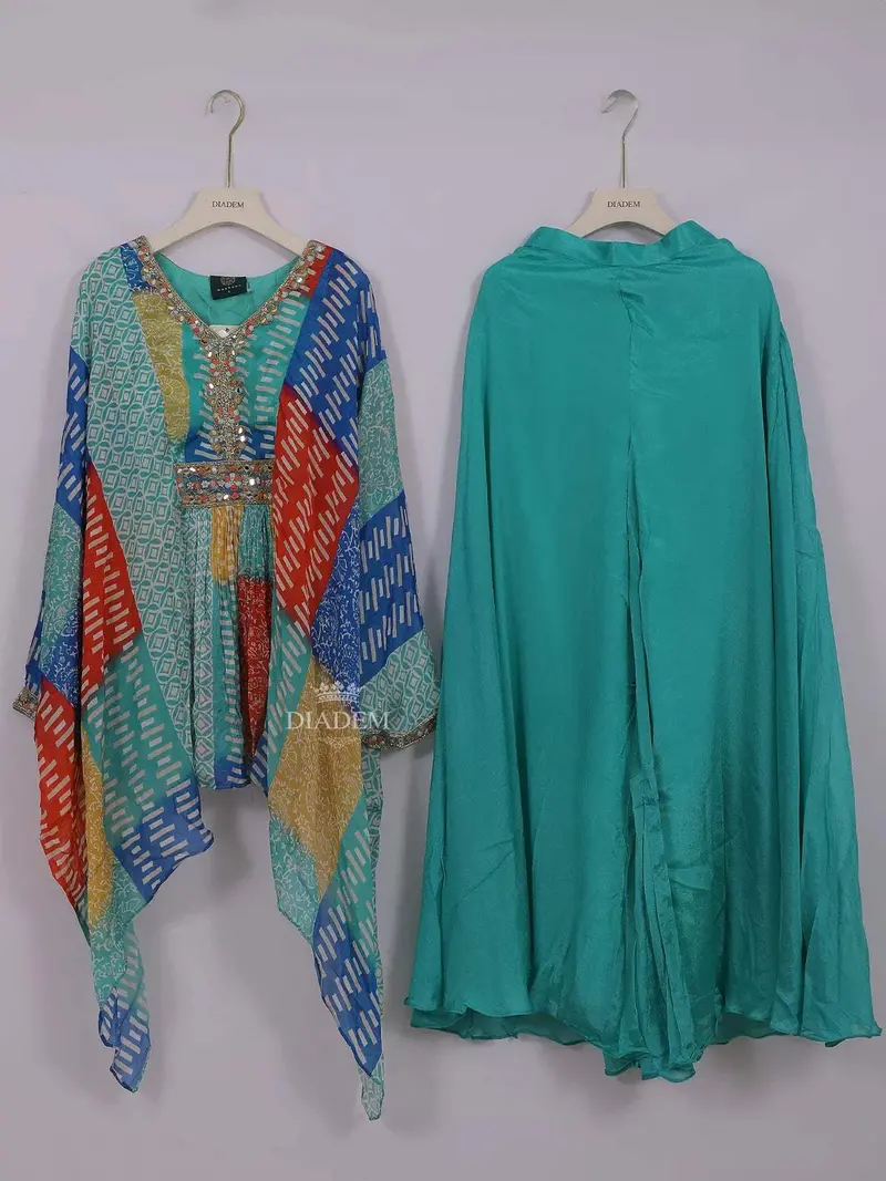 Turquoise Chiffon Palazzo Pant With Kaftan Top Adorned With Multicolor Prints 1