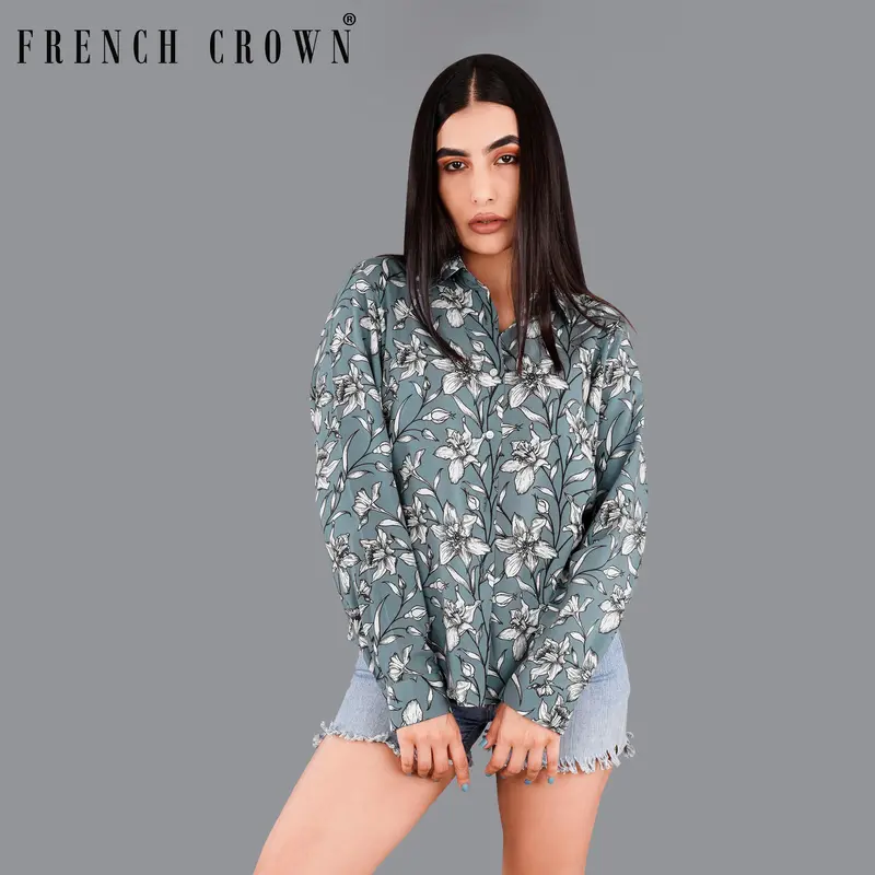 Turquoise Gray Floral Printed Premium Tencel Shirt 1