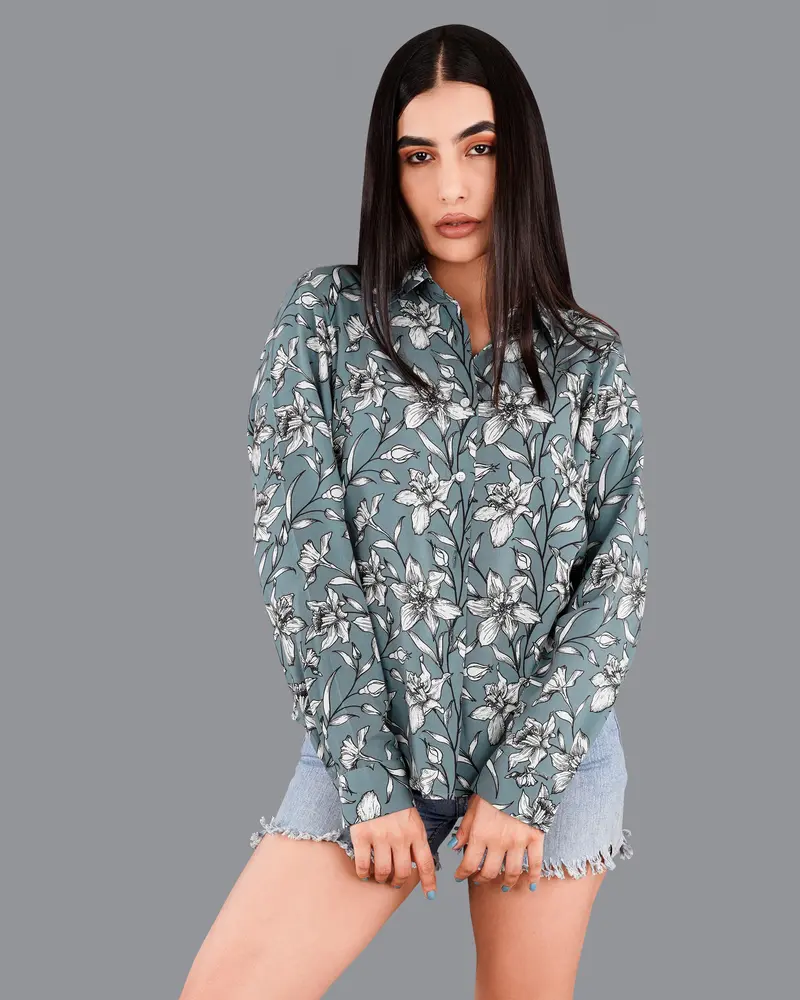 Turquoise Gray Floral Printed Premium Tencel Shirt 2