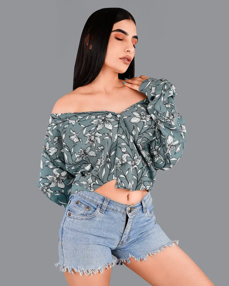 Turquoise Gray Floral Printed Premium Tencel Shirt 5