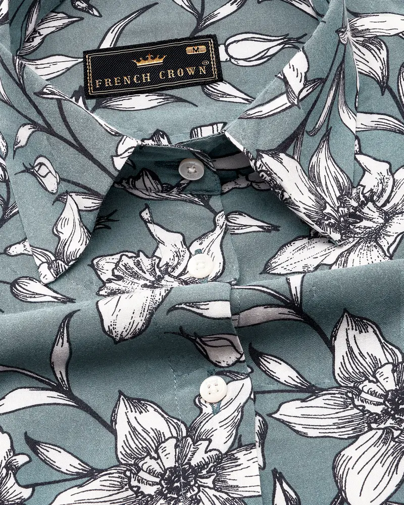 Turquoise Gray Floral Printed Premium Tencel Shirt 6