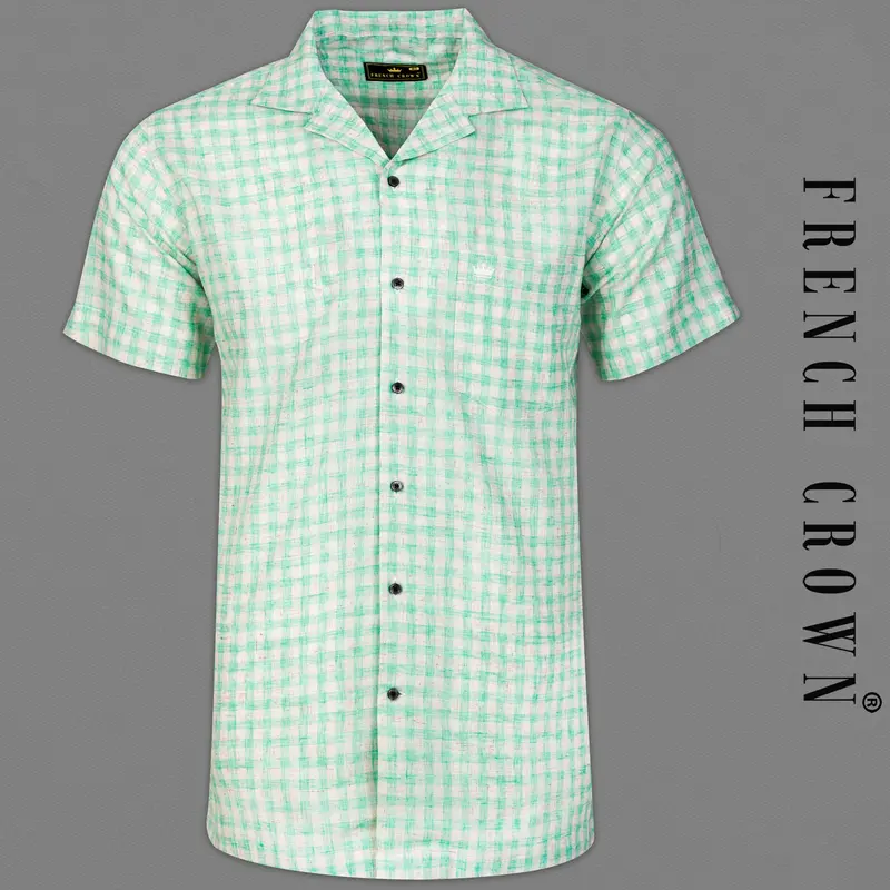 Turquoise Green And Mercury Gray Checkered Half-Sleeved Luxurious Linen Shirt 1
