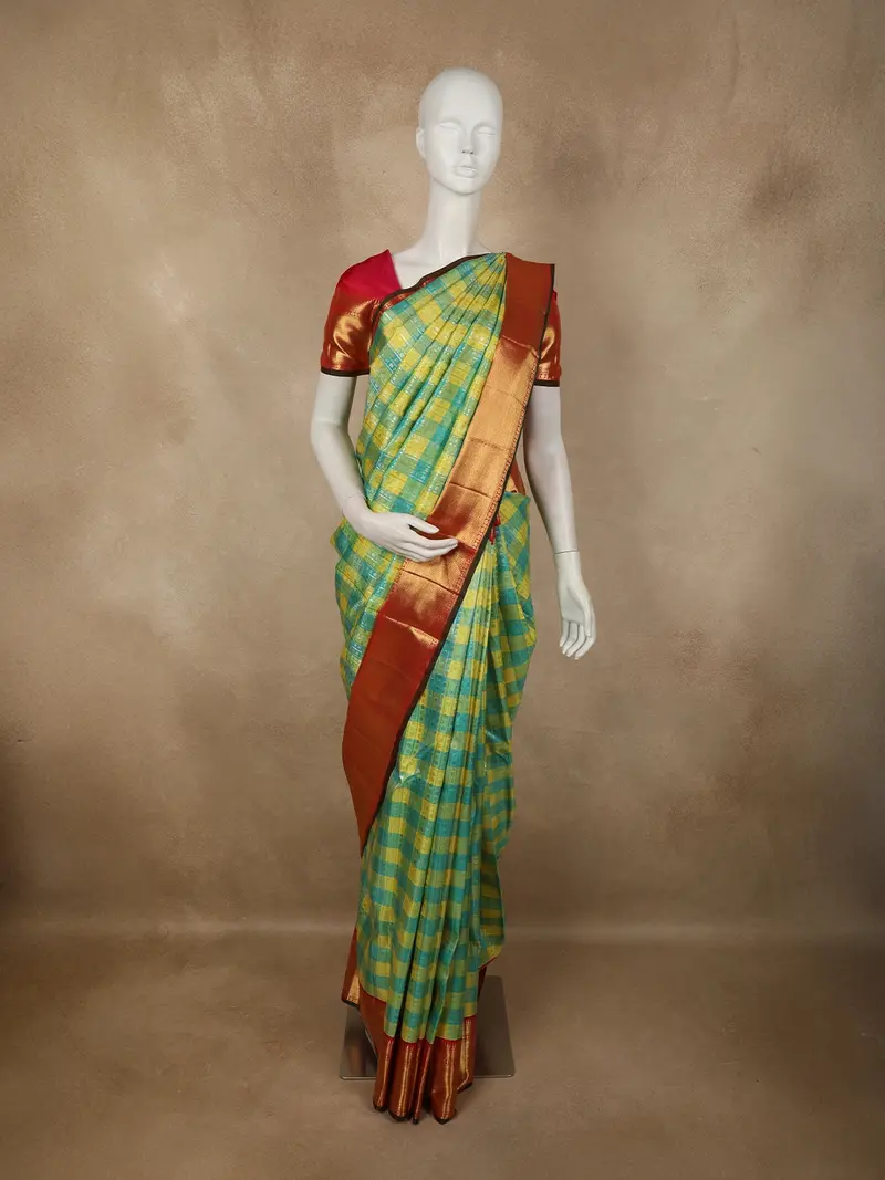 Turquoise Green And Sunshine Yellow Checked Woven Design Pure Kanchipuram Silk Saree With Contrast Zari Border 1