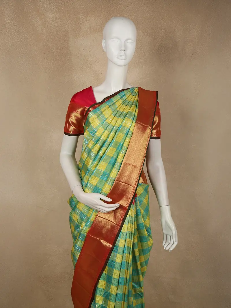 Turquoise Green And Sunshine Yellow Checked Woven Design Pure Kanchipuram Silk Saree With Contrast Zari Border 2