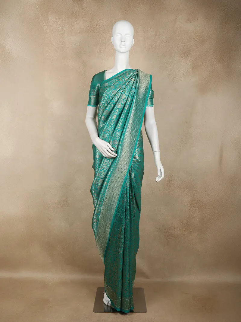Turquoise Green Banarasi Saree With Floral Design And Designer Border 1
