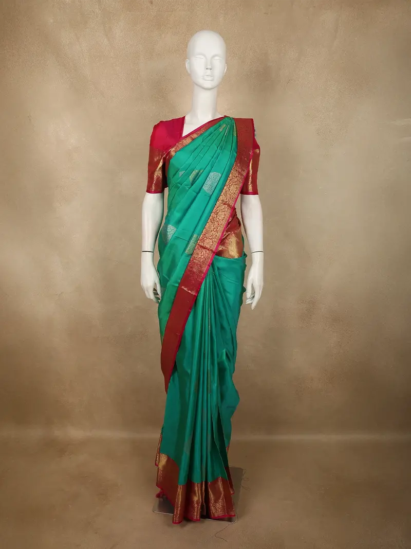 Turquoise Green Butta Zari Woven Design Pure Kanchipuram Silk Saree With Contrast Floral Zari Border 1