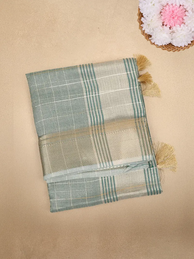 Turquoise Green Checked Woven Tissue Saree With Zari Border 1