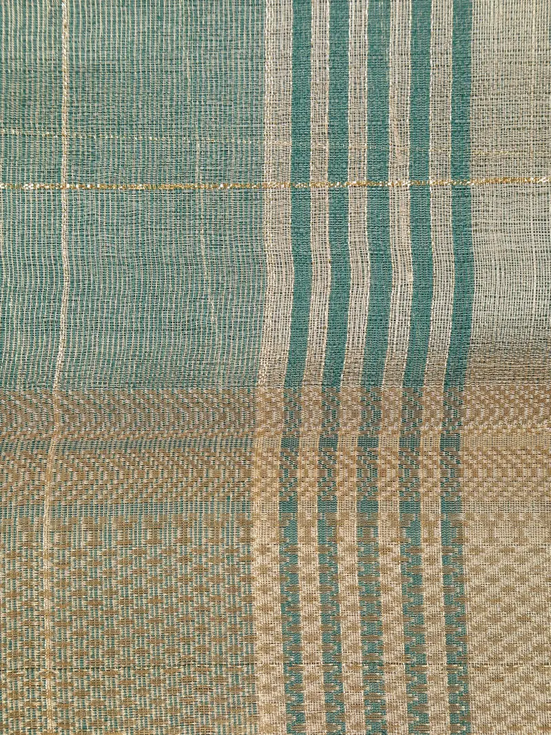 Turquoise Green Checked Woven Tissue Saree With Zari Border 2