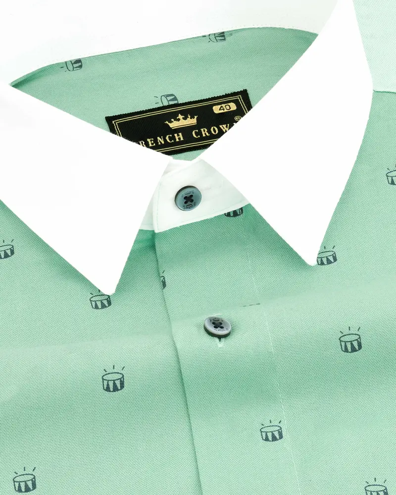 Turquoise Green Drum Printed With White Collar And Cuffs Royal Oxford Shirt 1
