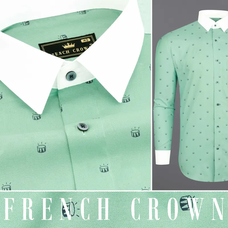 Turquoise Green Drum Printed With White Collar And Cuffs Royal Oxford Shirt 10