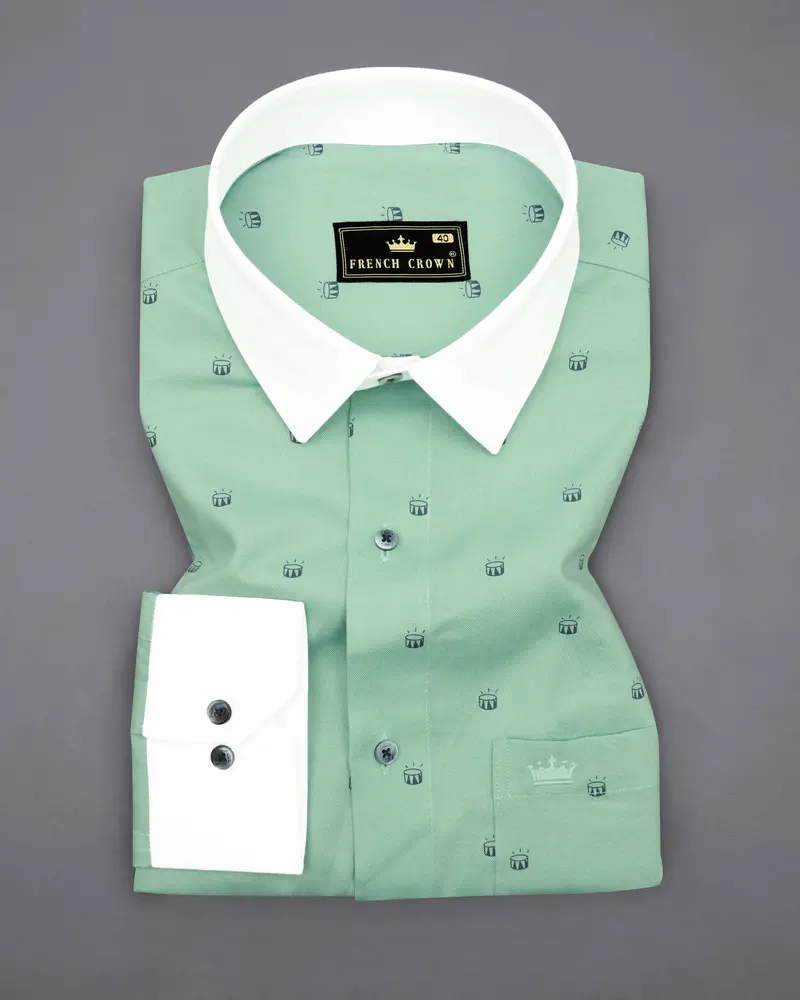 Turquoise Green Drum Printed With White Collar And Cuffs Royal Oxford Shirt 3