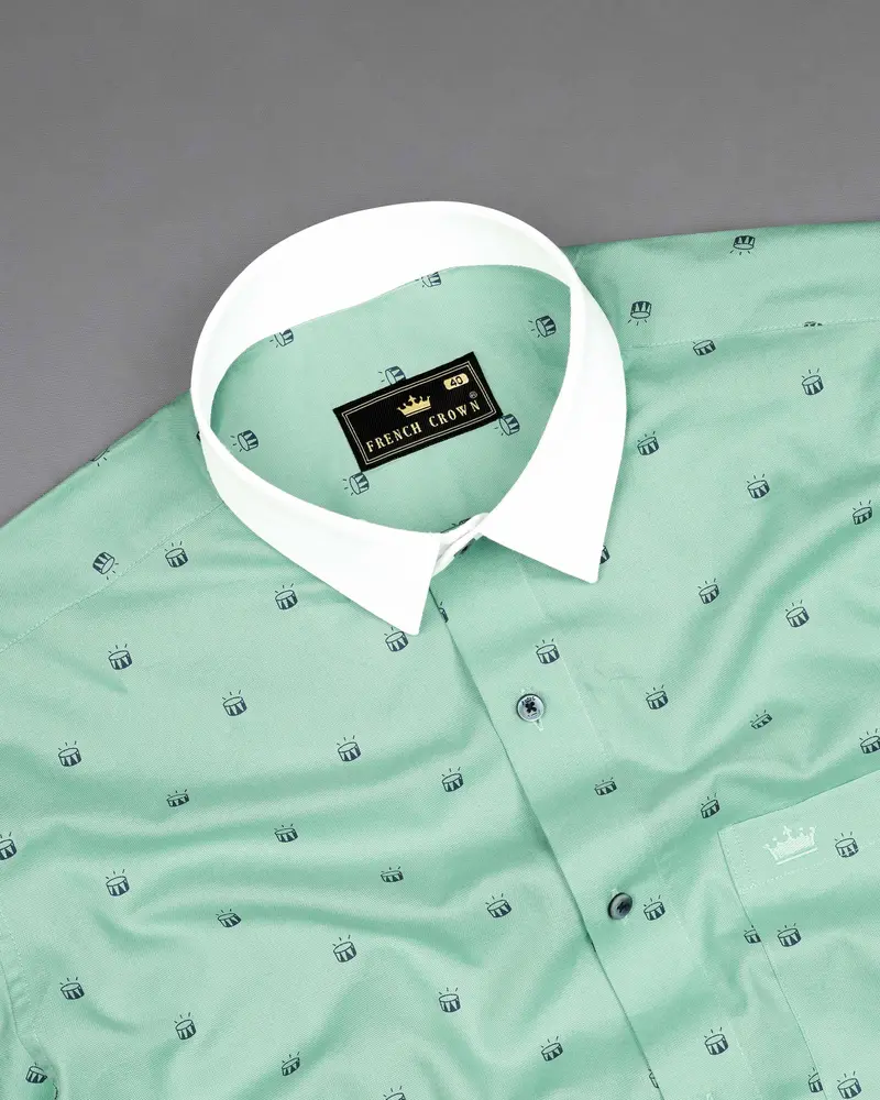 Turquoise Green Drum Printed With White Collar And Cuffs Royal Oxford Shirt 4