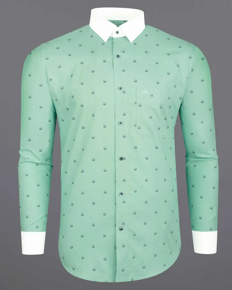 Turquoise Green Drum Printed With White Collar And Cuffs Royal Oxford Shirt 5