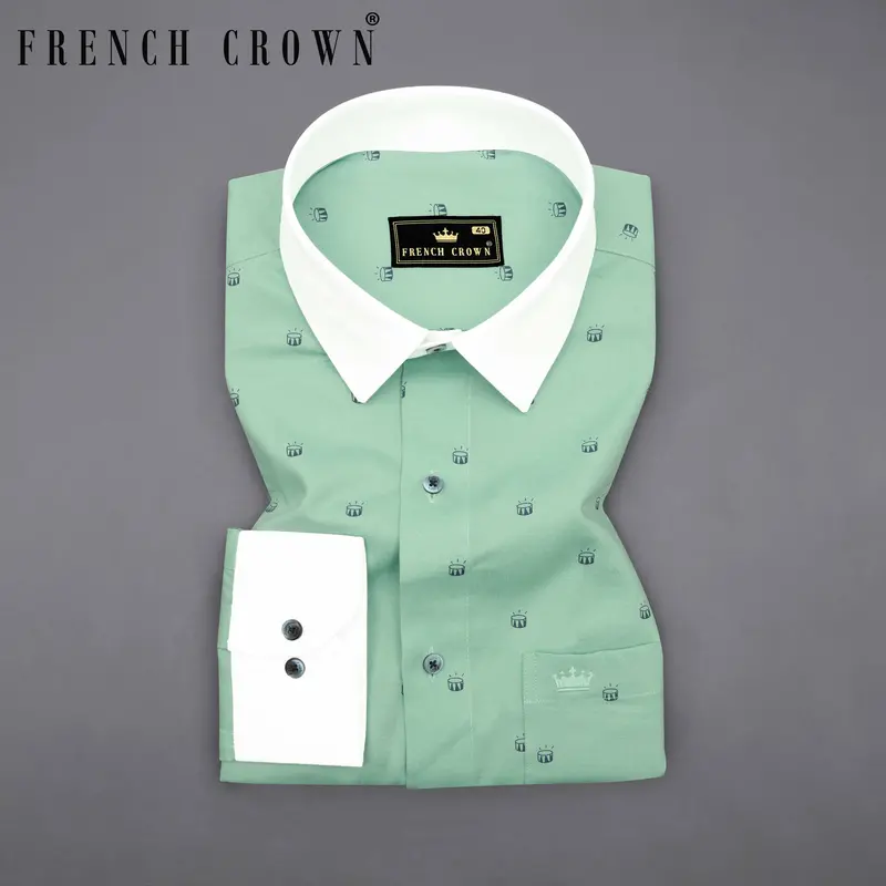 Turquoise Green Drum Printed With White Collar And Cuffs Royal Oxford Shirt 6