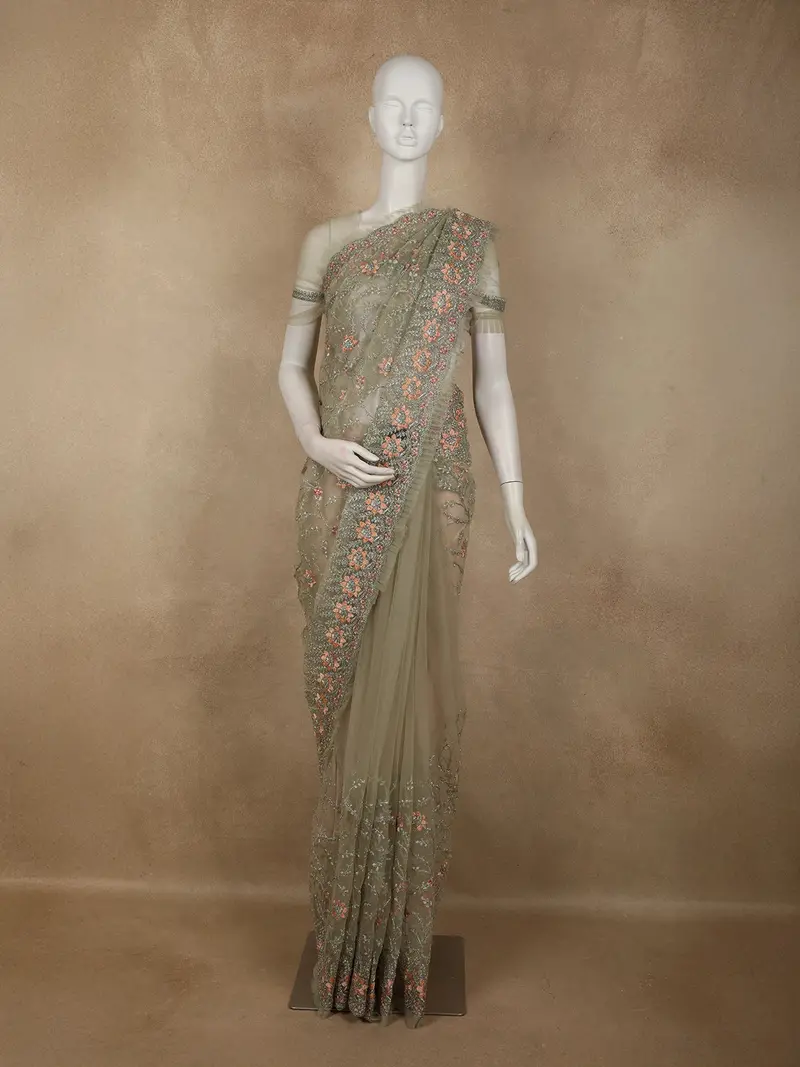 Turquoise Green Floral Embroidered Design Net Designer Saree 1