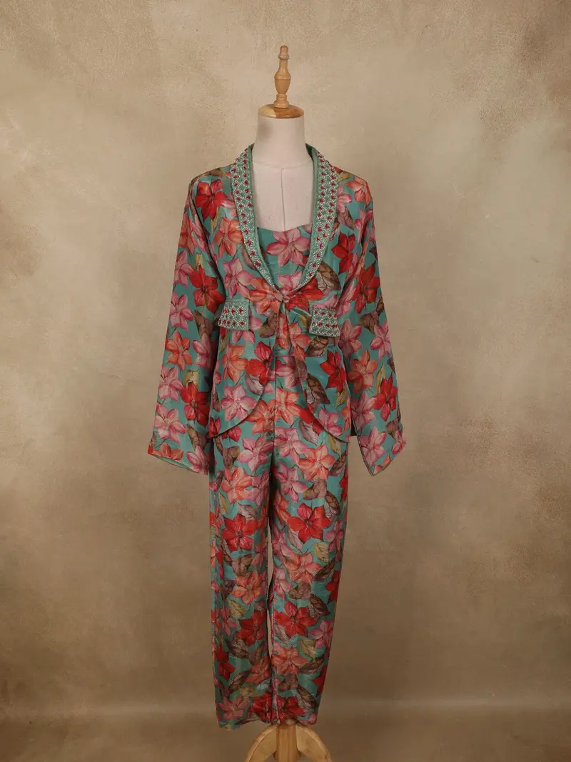 Turquoise Green Floral Printed Design Crepe Suit For Women 1