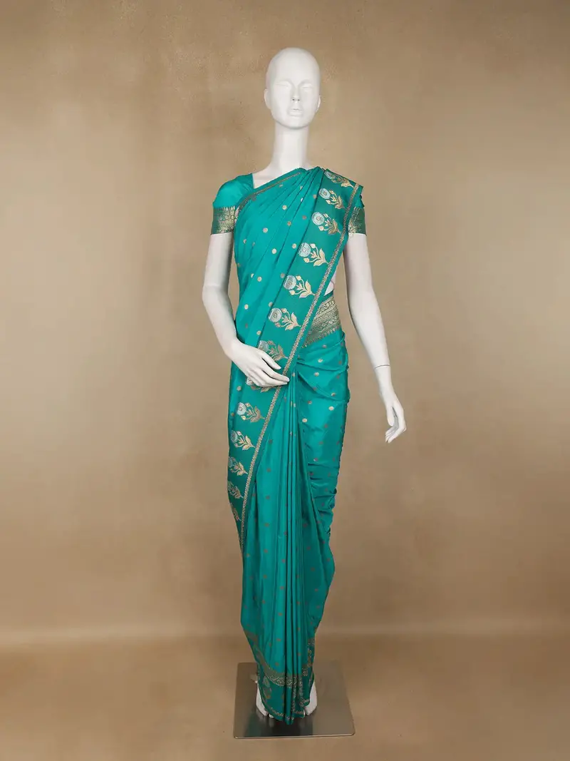 Turquoise Green Floral Woven Banarasi Silk Saree 1