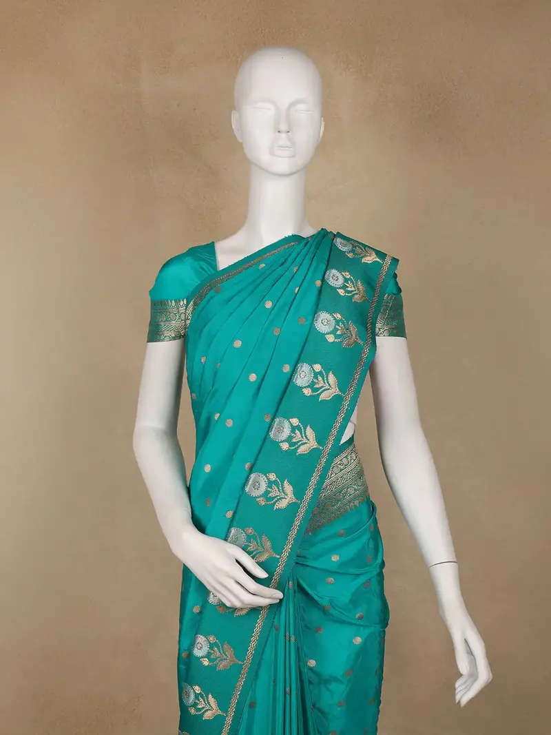 Turquoise Green Floral Woven Banarasi Silk Saree 2