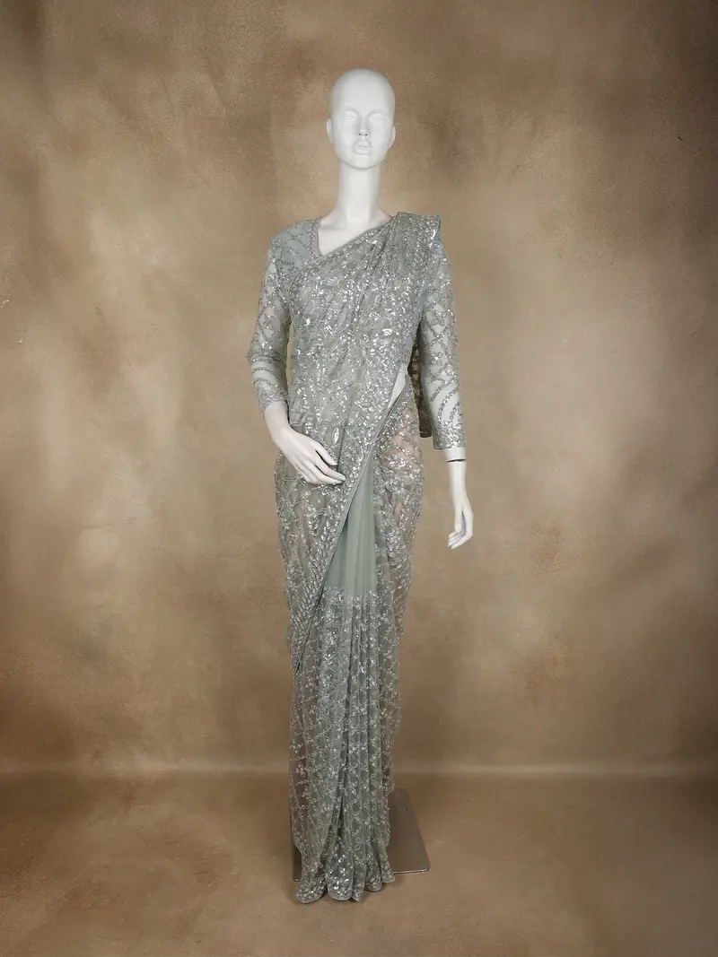 Turquoise Green Heavy Sequins And Beads Embroidered Design Net Designer Saree With Full Sleeve Blouse 1