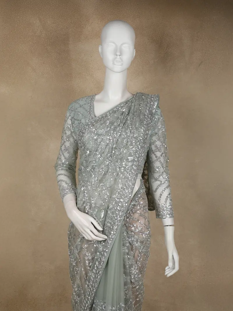 Turquoise Green Heavy Sequins And Beads Embroidered Design Net Designer Saree With Full Sleeve Blouse 2