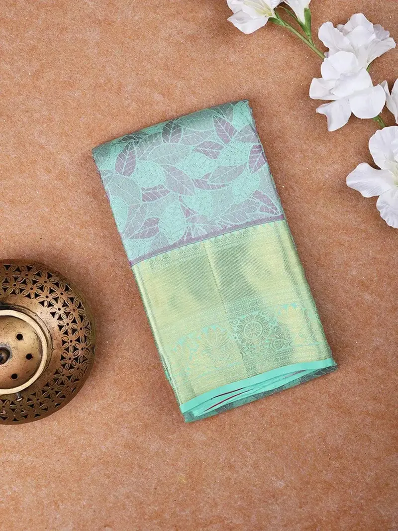 Turquoise Green Kanchipuram Bridal Silk Saree With Leaf Motifs 1