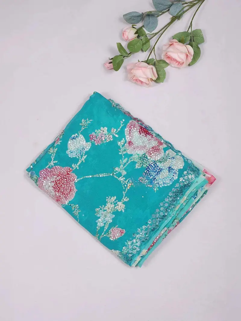 Turquoise Green Organza Saree With Floral Prints On The Body And Sequins Border 1